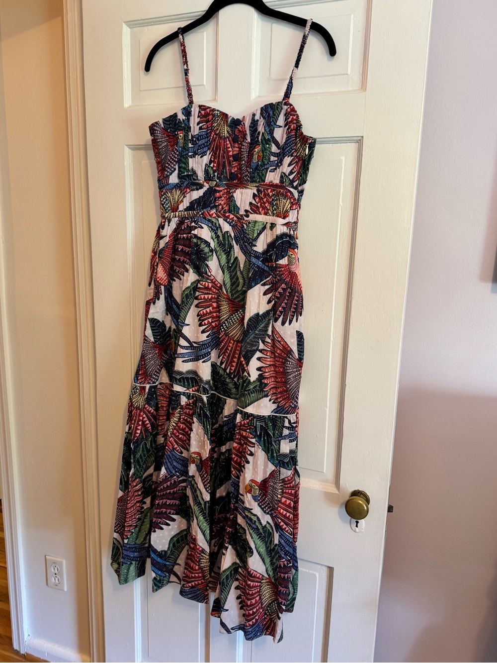 NWT FARM Rio Macaw Flight Midi Dress, 100% Cotton, Tiered, Spaghetti Strap, M